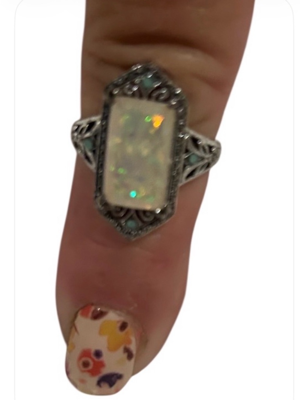 Opal-Effect Silver Filigree Rectangle Ring - White